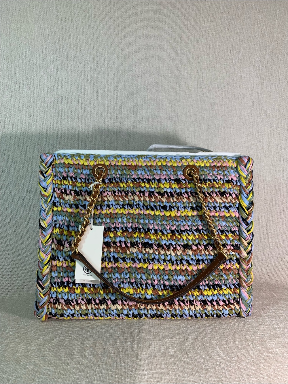 Tory Burch Ella Raffia Melange Multicolor Small Chain Tote - Picture 5 of 16